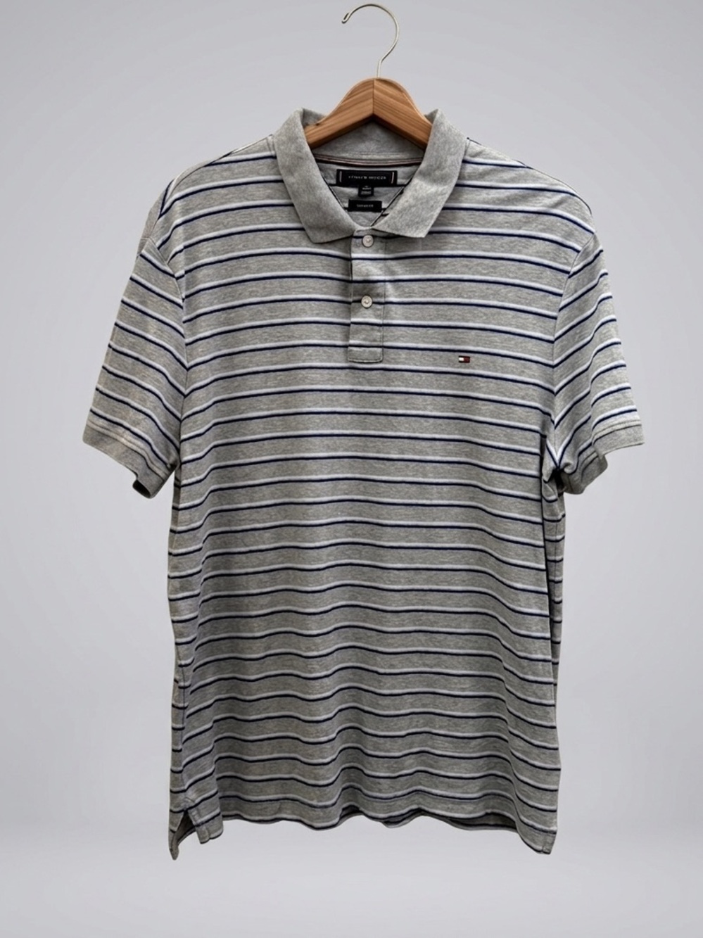 Tommy Hilfiger Light Gray Polo with Blue Stripes, Size XL Regular Fit